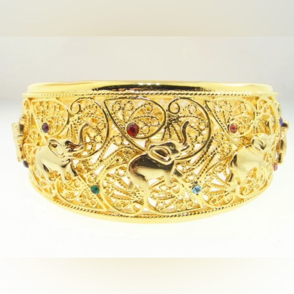 JBK SIGNED CAMROSE & KROSS RHINESTONE & ELEPHANT HINGED BANGLE BRACELET GOLD PL